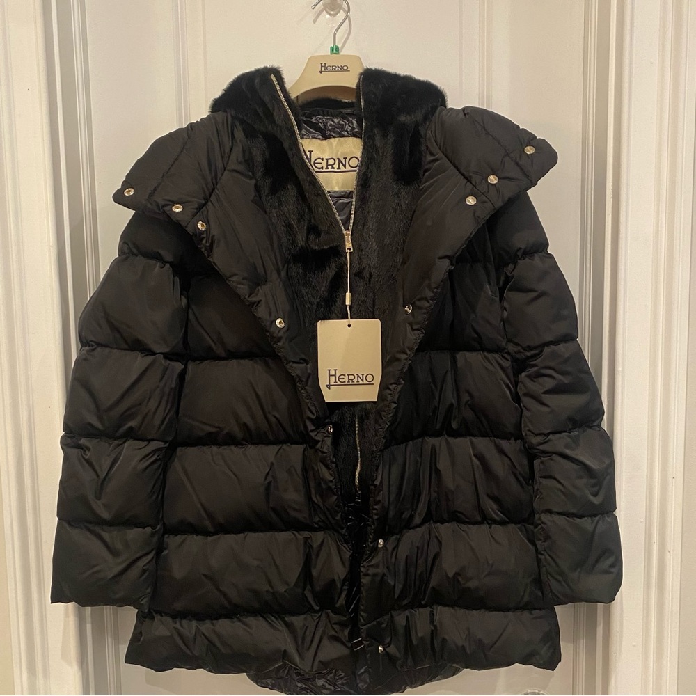 Herno Sateen Faux-Fur Down Puffer Coat